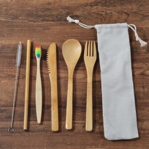 Reusable Bamboo Cutlery Travel Set - 6-Piece Zero Waste Portable Utensils with Straw & Carrying Pouch